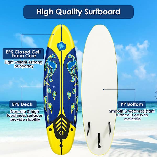 Costway 72 in. Yellow Surfboard Foamie Body Surfing Board W/3 Fins