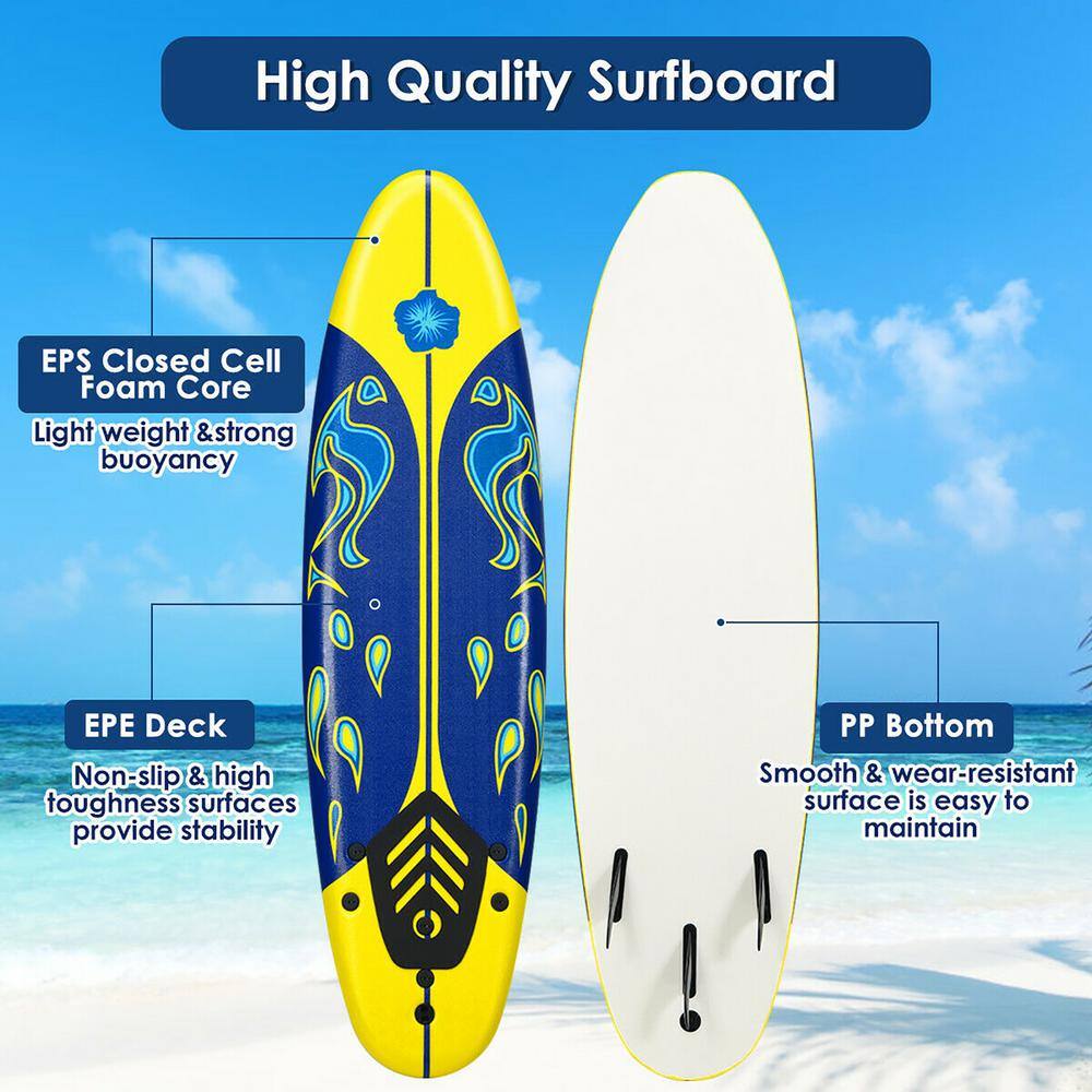 Yellow and Blue Foam Surfboard with Fins and Leash