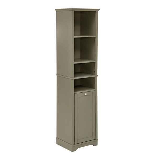 YSQCAR 16 in. W x 14 in. D x 64 in. H Gray MDF Freestanding Linen Cabinet with Adjustable Shelves and Laundry Hamper