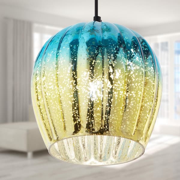 River of Goods Hallie 9 in. 1-Light Gold Shaded Pendant Light with Teal and Gold Ombre Mercury Glass Globe Shade