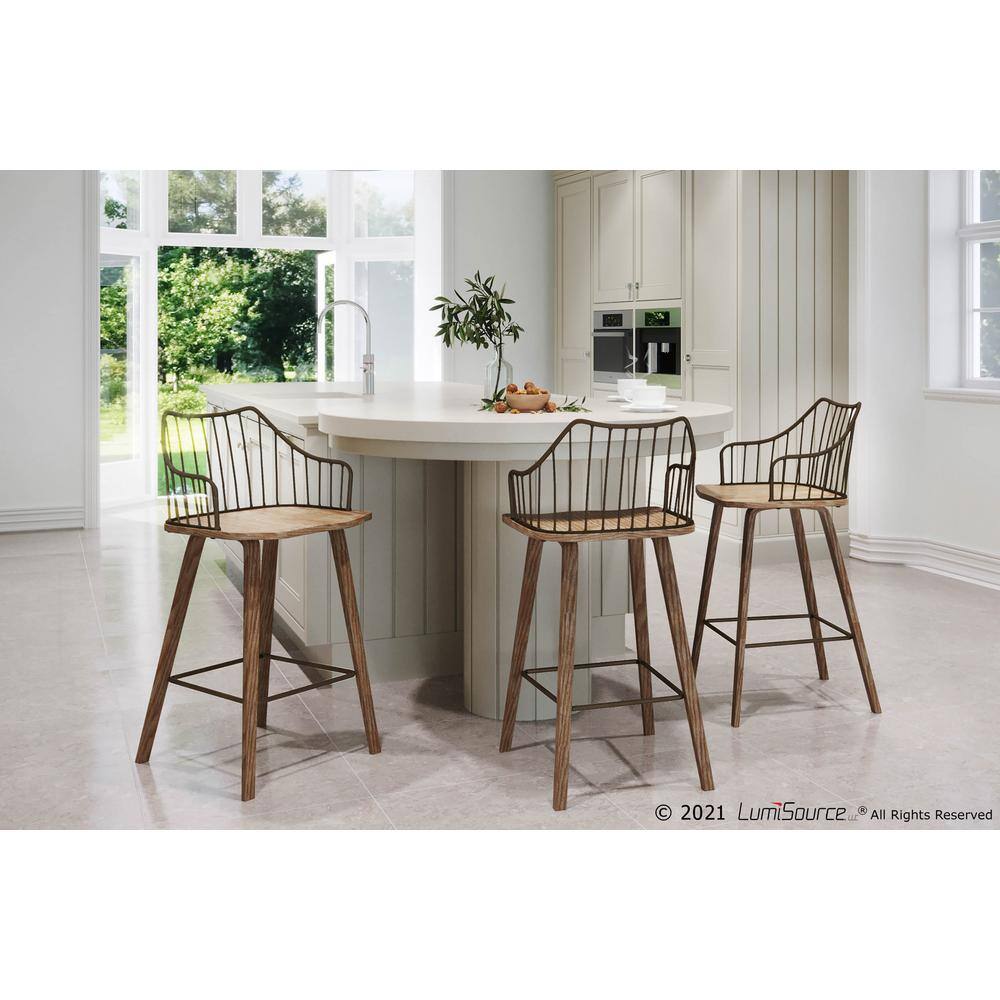Beige Transitional Wood and Metal Swivel Counter Stool