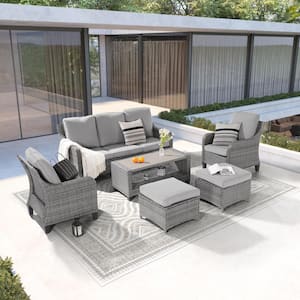 6-Piece Patio Conversation Sofa Set Gray Wicker with Side Table and Thickening Cushions, Linen Grey