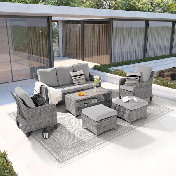 Sonkuki 6-Piece Patio Conversation Sofa Set Gray Wicker with Side Table and Thickening Cushions, Linen Grey