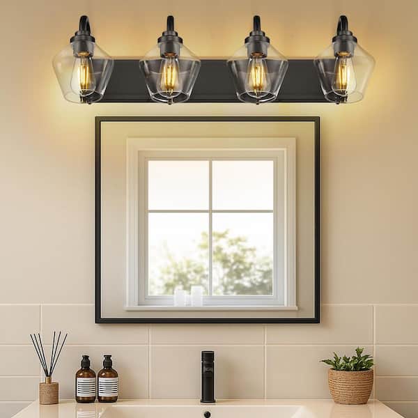 JAZAVA 31.9 in. 4 Light Black Vanity Light with Clear Glass Shade