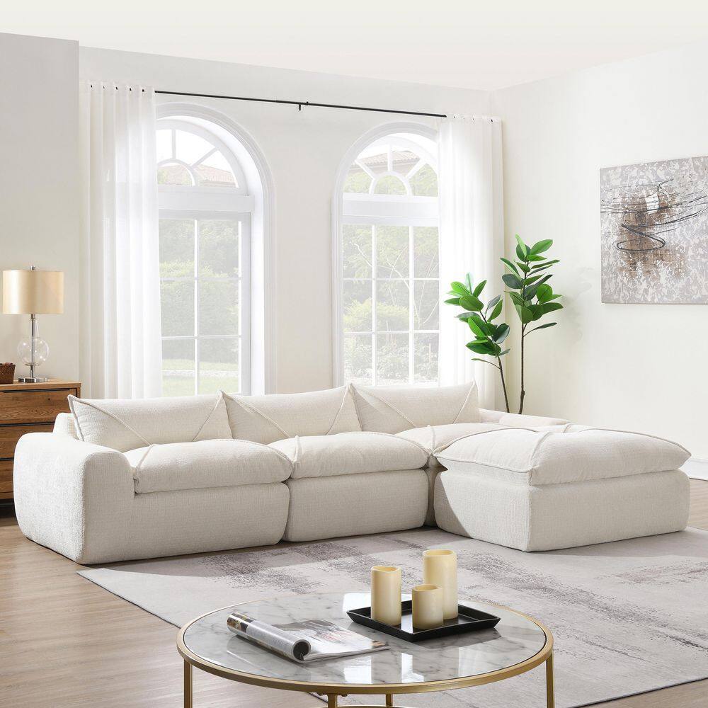 116 in. No Assembly Required Chenille Sectional Sofa in White with Ultra Hi