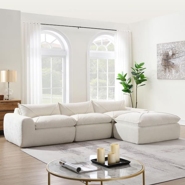 aisword 116 in. No Assembly Required Chenille Sectional Sofa in White with Ultra High-Density Foam, Legless Design Without Frame