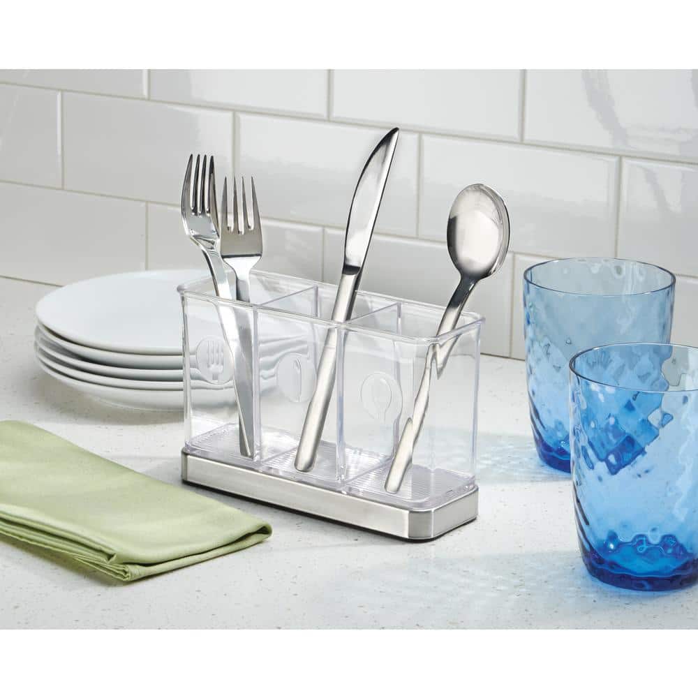 Clear Plastic and Stainless Steel Utensil Holder with 3 Compartments