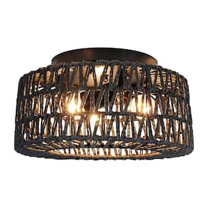 12. 6in 3-Lights Black Rattan Flush Mount Ceiling Light, Boho Light Fixture for Hallway