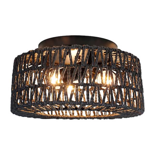 Rviezza 12. 6in 3-Lights Black Rattan Flush Mount Ceiling Light, Boho Light Fixture for Hallway