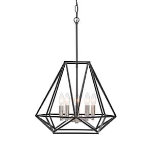 Renzo 5-Light Matte Black Modern Geometric Cage Chandelier with Brushed Nickle Candle Sleeves