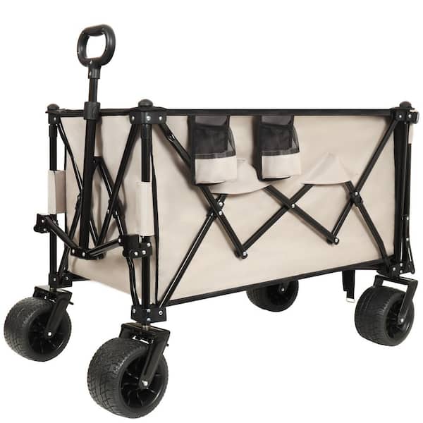 7 cu. ft. Steel Heavy Duty Foldable Wagon Garden Cart Powered Wheelbarrow with Extended Tailgate khaki and Gray