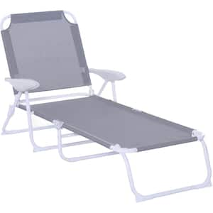 Gray Folding Metal Outdoor Chaise Lounge, Sun Tanning Chair, 4-Position Reclining Back, Armrests for Beach, Yard