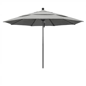 11 ft. Black Aluminum Commercial Market Patio Umbrella with Fiberglass Ribs and Pulley Lift in Granite Sunbrella