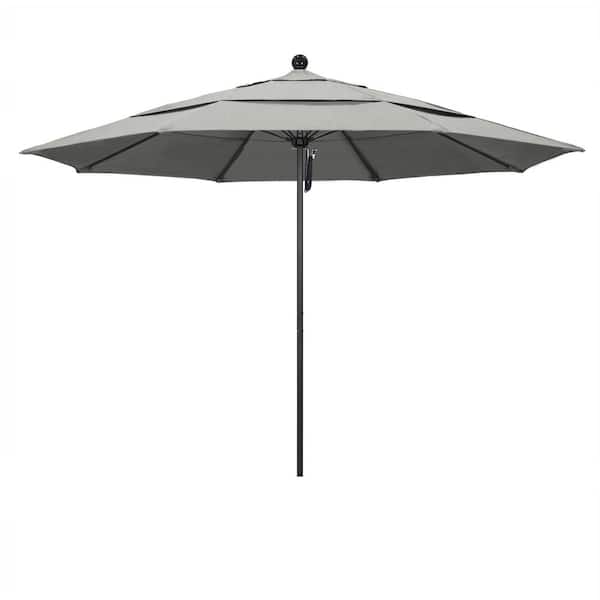 California Umbrella 11 ft. Black Aluminum Commercial Market Patio Umbrella with Fiberglass Ribs and Pulley Lift in Granite Sunbrella