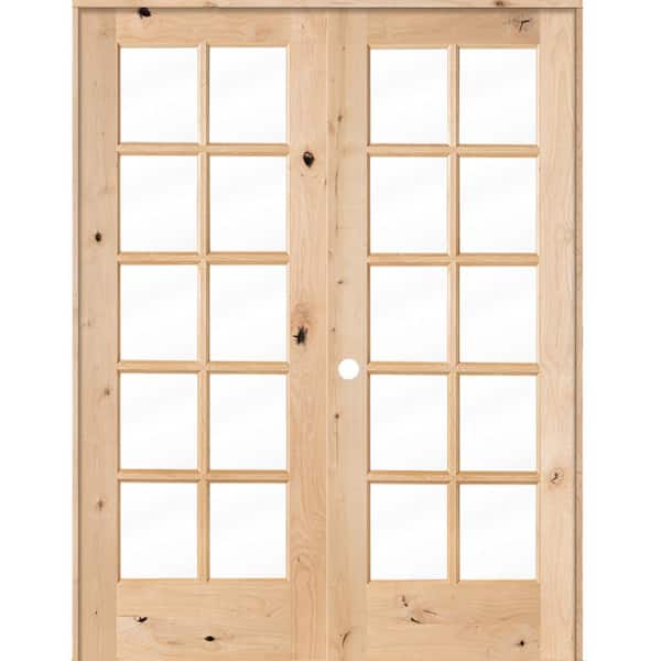 64 in. x 80 in. Rustic Knotty Alder 10-Lite Low-E Glass Right Handed Solid Core Wood Double Prehung Interior Door