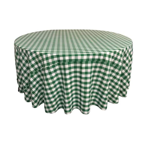 LA Linen 132 in. White and Hunter Green Polyester Gingham Checkered Round Tablecloth