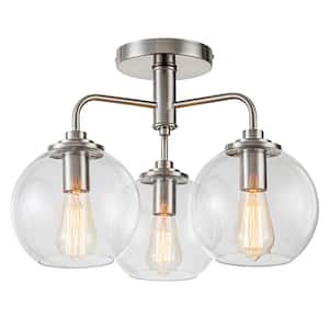 Jacob 18.12 in. 3-Light Satin Nickel Semi Flush Mount Ceiling Light with Glass Shade