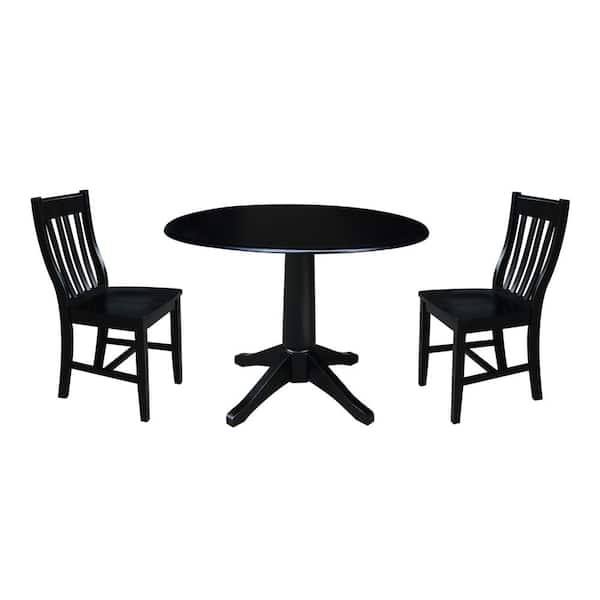 International Concepts Olivia 3-Piece 42 in. Black Round Drop-Leaf Wood Dining Set with Cafe Chairs