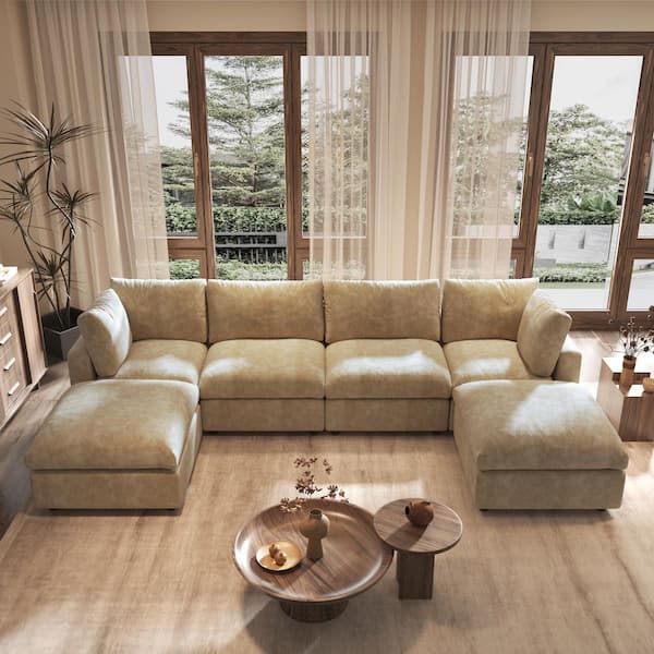 134 in. 6-Piece Brown Chenille Modular Sectional Sofa with Ottoman, Square Arm, Removable Washable Covers