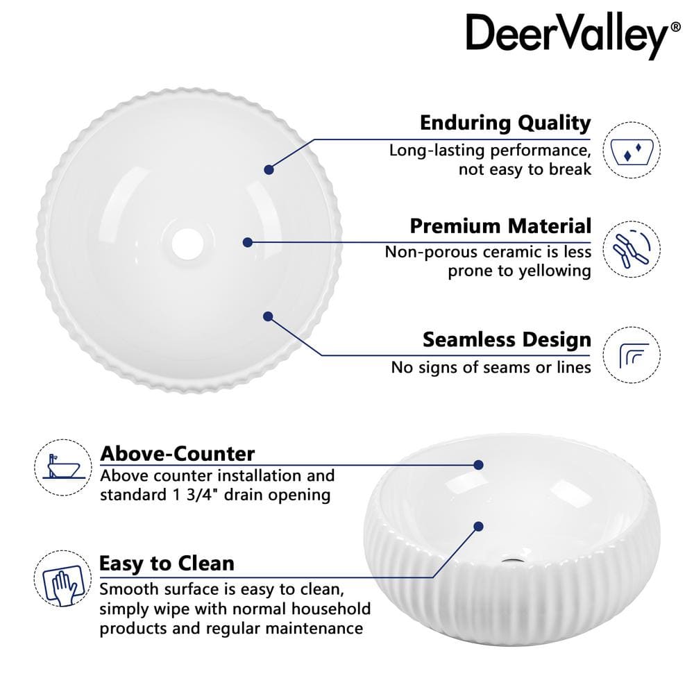 16" White Ceramic Circular Vessel Sink with Fluted Sides