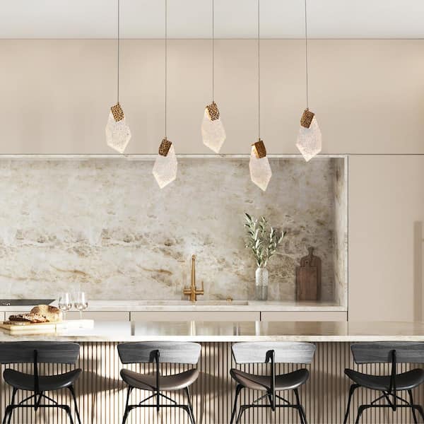 Fracture 5-Light Integrated LED Plated Brass Island Chandelier with Irregular Textured Resin Panels for Dining Room