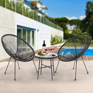 3-Piece Metal Outdoor Bistro Set with Side Table, Acapulco All-Weather Rattan Chair Set, Flexible Rope Furniture, Black