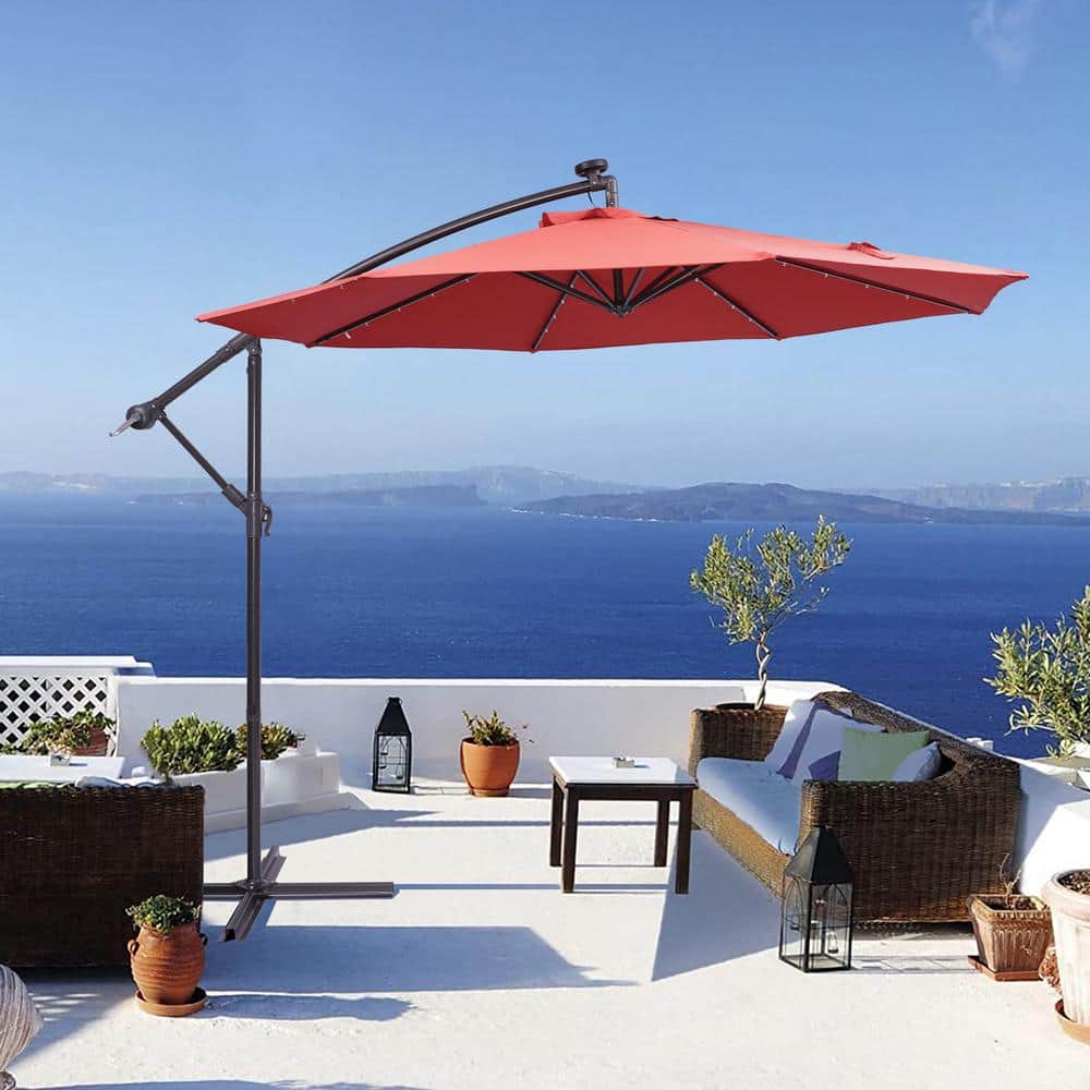 10 ft. Solar LED Outdoor Patio Umbrella Hanging Offset Umbrella Easy Open A