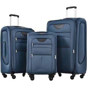Dark Blue Lightweight 3-Piece Expandable Polyester Softshell Spinner Luggage Set with TSA Lock and 2-External Pockets