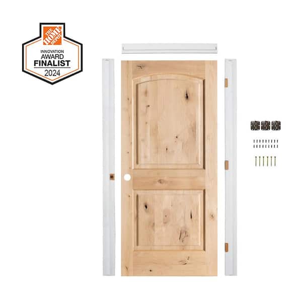 DIY 30 in. x 80 in. Knotty Alder Right-Hand Top Arch Unfinished Wood Single Interior Door Kit Plus Quick Assemble Jamb