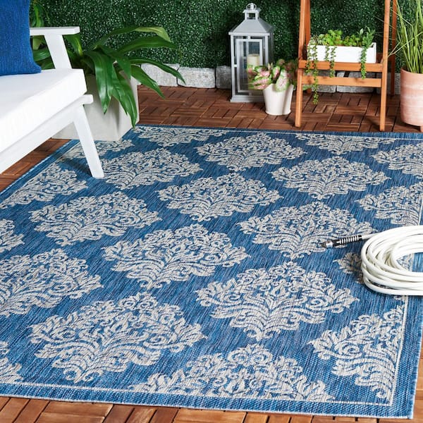 Courtyard Navy/Gray 7 ft. x 10 ft. Diamond Ornate Floral Indoor/Outdoor Area Rug
