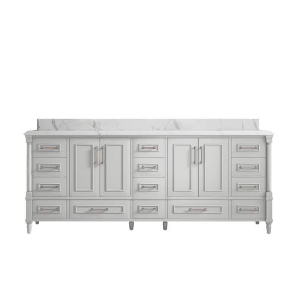 Willow Collections Hudson 84 in. W x 22 in. D x 36 in. H Double Sink Bath Vanity in Coventry Gray with Cove Edge Calacatta Quartz Top