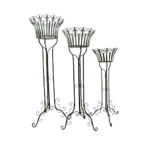 Set of 3 Standing Iron Pedestal Plant Stands in Antique Green