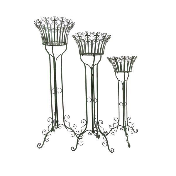 Zaer Ltd. International Set of 3 Standing Iron Pedestal Plant Stands in Antique Green ZR170743