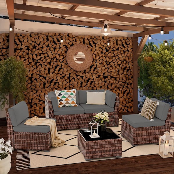 Poteban 5-Piece Brown Wicker Patio Conversation Seating Set with Dark Gray Cushions