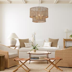 5-Light Drum Gold Hanging Linear Chandelier Lighting Candlestick Light with Rattan Shaded for Kitchen Island