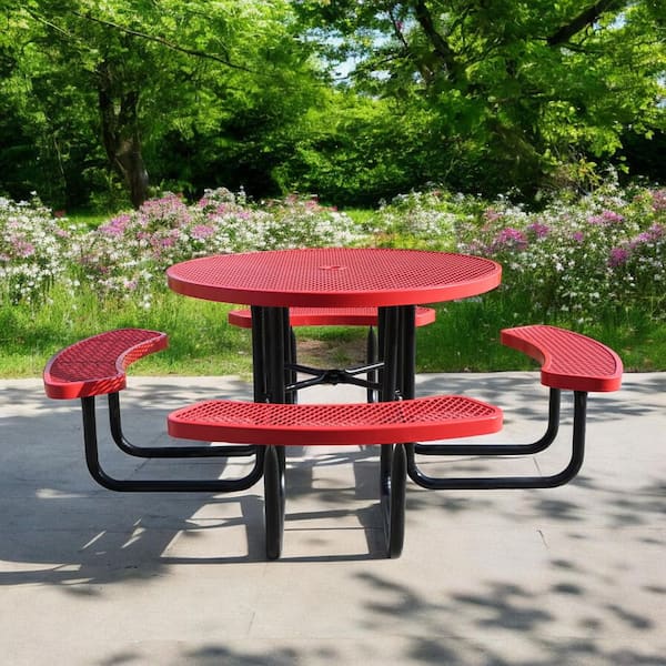 Outdoor 79 in. Thermoplastic Coated Round Steel Picnic Tables 8-Person with Umbrella Hole, Patio Dining Table, Red