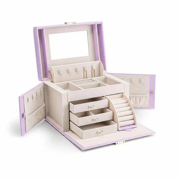 Jewelry Holder Organizer with Mirror, 3 Drawers for Bracelets, Earrings, Rings, Necklaces, Purple