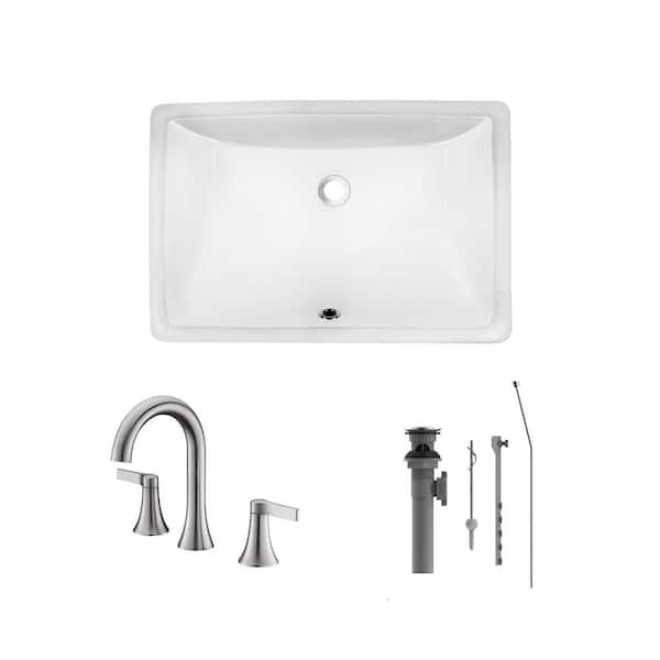 CHESHIRE 20 in. Undermount Rectangular Bathroom Sink with Overflow Drain in White with 8 in. Widespread Faucet in Brushed Finish
