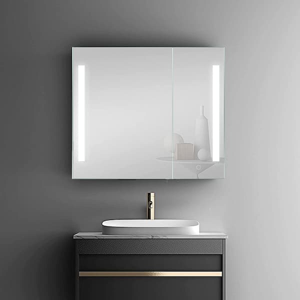 Modern 30 in. W x 26 in. H Large Rectangular Black Surface Mount Medicine Cabinet with Mirror and Dimmable Lights