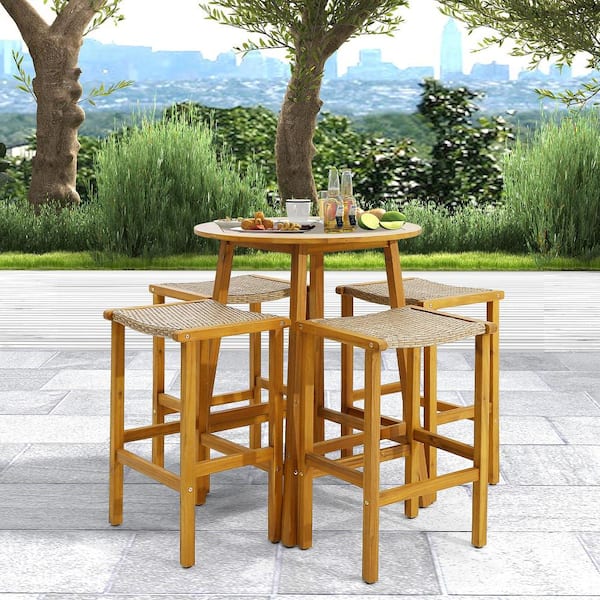 HONEY JOY Acacia Wood Outdoor Bar Stools 30 in. Bar Height Stools