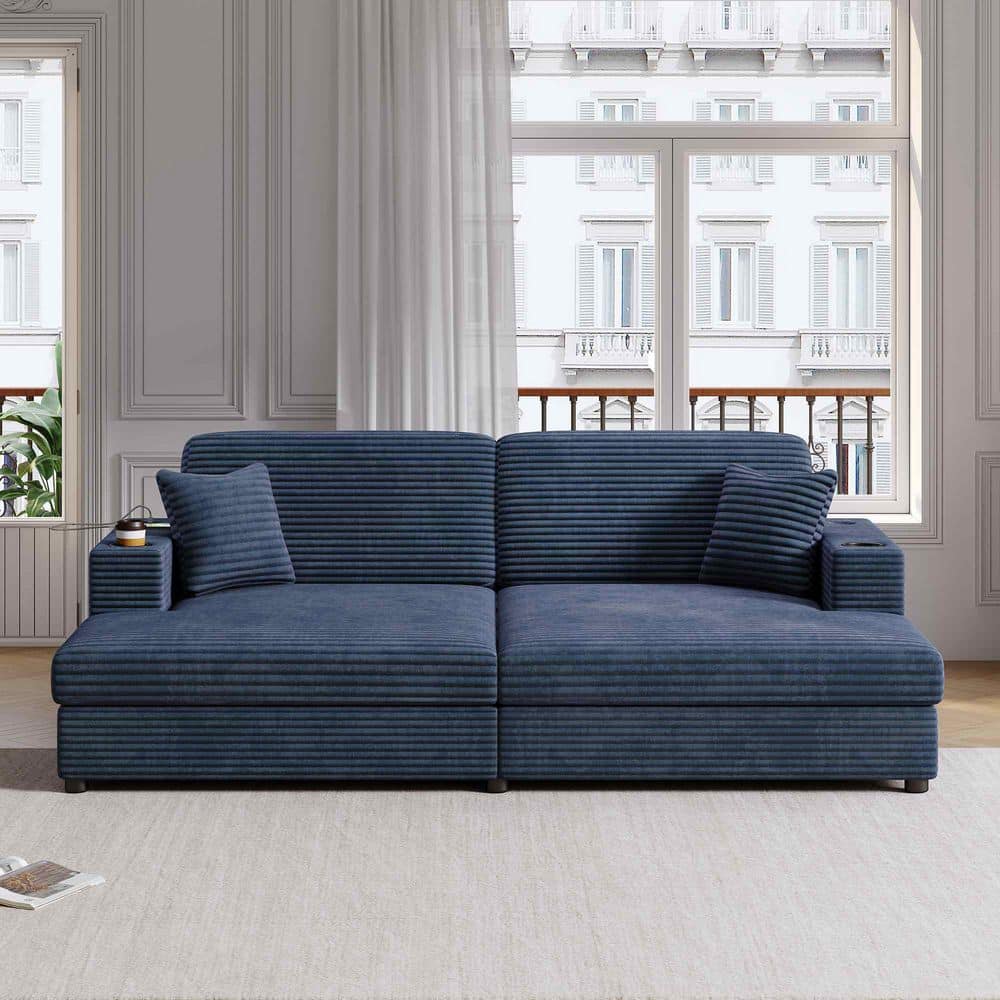 86.5 in. Square Arm Corduroy Square with 2-USB Ports , 2-Cup Holders and 2-Throw Pillows Sofa in Blue price history on PriceWatchPro