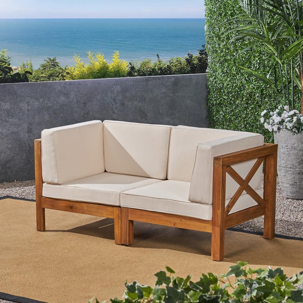 Noble House Brava Teak Brown 2-Piece Wood Outdoor Loveseat With Beige ...