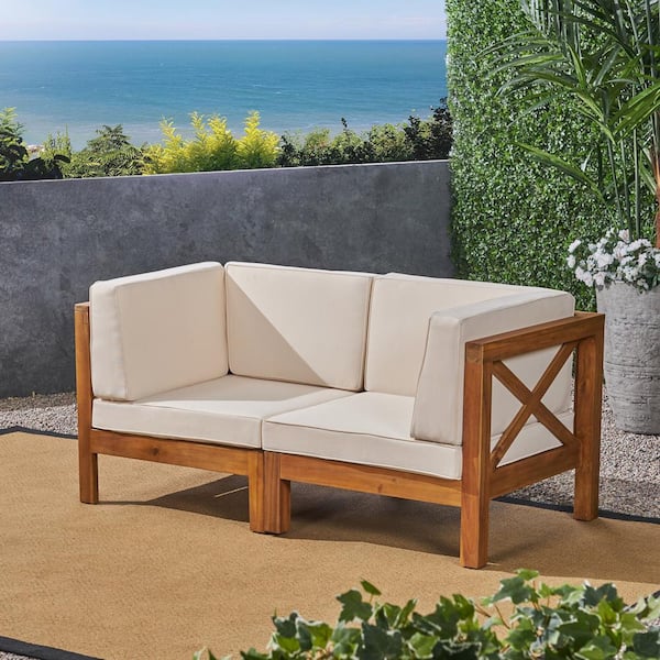 Noble House Brava Teak Brown 2-Piece Wood Outdoor Patio Loveseat with Beige Cushions