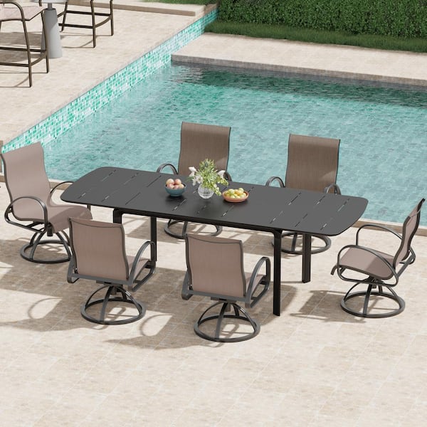 Pellebant Black Swivel Aluminum Sunbrella Textilene Mesh Fabric Outdoor Dining Chair in Augustine Ashe (Set of 6)