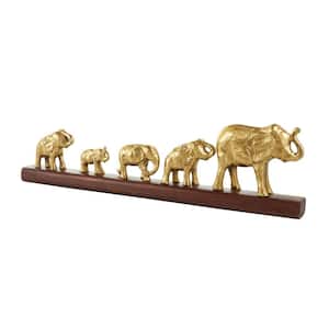 8 in. Gold Aluminum Metal Elephant Sculpture with Brown Wooden Base