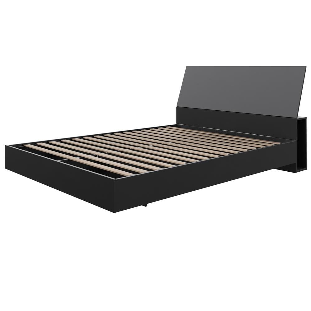 Serenity Queen Size Floating Black Wood Platform Bed with Storage