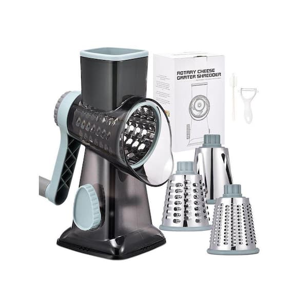 Rotary Kitchen Grater Grey Blue Shredder Slicer with Handle Ice Shaver 3-Interchangeable Blades for Cheese Vegetables