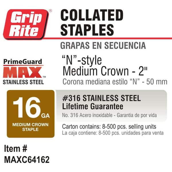 Grip-Rite 2 in. x 16-Gauge 316 Stainless-Steel Medium Crown Staples 500 per Box