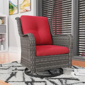 Wicker Outdoor Rocking Chair Patio Swivel with Red Cushions