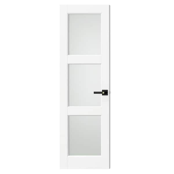 24 in. x 80 in. MDF Composite, Primed, White, 3-Lite, Frosted Glass Interior Door Slab With Black Lever Handle
